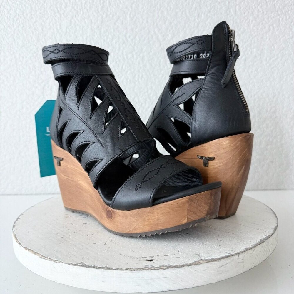 NEW Lane Boots BECCA Womens Black Wedges 8.5 Western Sandals Cowgirl Wooden Heel - Picture 9 of 9